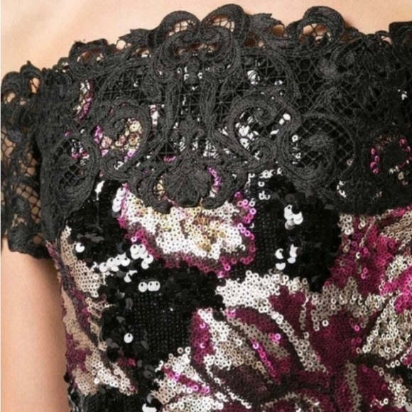 MARCHESA NOTTE dress black pink 8 floral sequin lace off the shoulder formal - Picture 5 of 16
